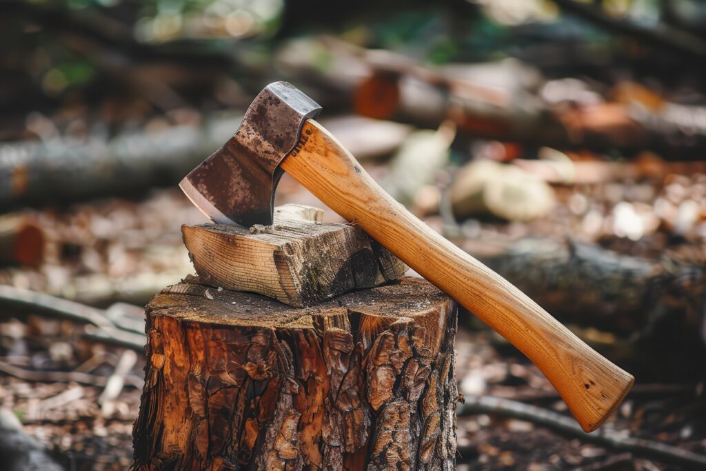 Hatchet cut into the wood